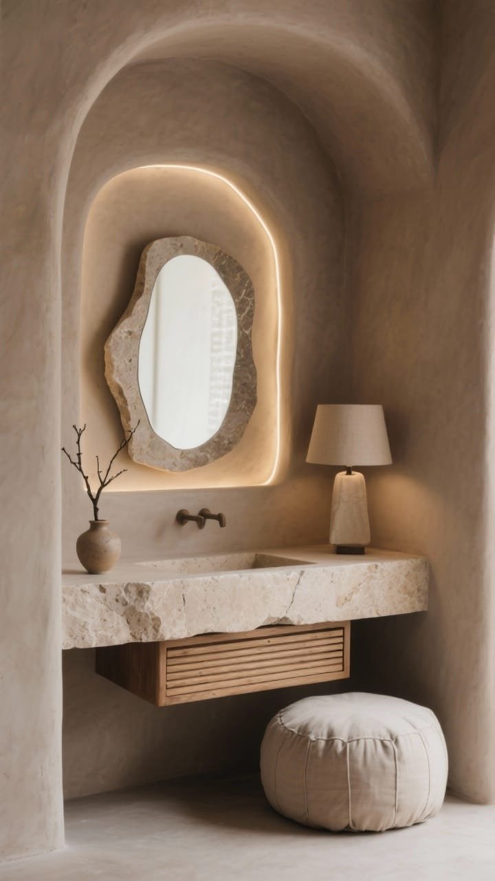 Medium shot, corner angle: A wabi-sabi stone niche vanity featuring a floating honed travertine or soapstone slab tucked into a shallow wall niche with rounded corners. An irregular hand-carved sculptural oval mirror hangs above. Concealed LED strip lighting lines the niche, washing the stone in a gentle, warm glow. A simple slatted oak drawer sits beneath the slab. A linen pouf is tucked under, with a ceramic bud vase holding a branch. Palette of warm taupe, mushroom, and bone, textures of stone, plaster, and linen. Add a small linen-shaded table lamp for layered light. Calm, tactile, organic minimalism, no people.