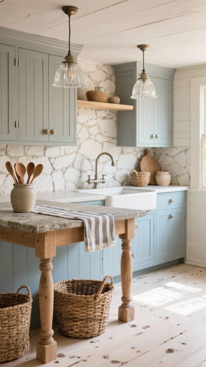 Medium shot, cozy vignette: An Alpine Cottage Calm kitchen showcasing powdered iceberg blue lower cabinets and painted beadboard uppers in warm gray-beige concrete tones. Tumbled limestone backsplash in soft snowy shades, farmhouse sink with a brushed nickel bridge faucet, vintage-style glass knobs. Pale oak island with turned legs and a stone top, milk-glass schoolhouse pendants, and whitewashed oak flooring with visible knots. Layered accessories: woven baskets, a ceramic crock of wooden spoons, and a striped linen runner. Warm, inviting morning light. Photorealistic.