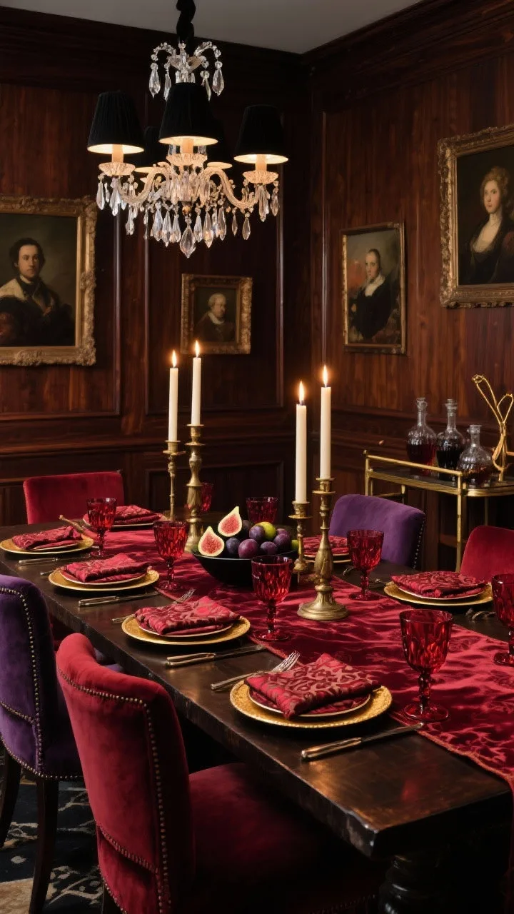 Medium shot from a corner angle: A dramatic dining space with rich mahogany wall paneling, an antique long table, and velvet upholstered chairs in oxblood and aubergine. The tabletop features deep oxblood red cut-crystal goblets catching candlelight, gold-rimmed chargers, damask napkins, and a merlot velvet table runner. Overhead, a chandelier with black shades and dripping crystal glows warmly. Decor includes tall taper candles in aged brass, framed oil portraits on the paneled wall, and a bowl of ripe figs and plums. A side bar cart holds smoked decanters and vintage brass tongs. Photorealistic, maximalist old-world noir.