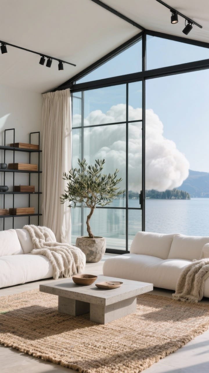 Medium shot from a diagonal angle inside a glass pavilion: steel-framed glass walls on two sides with expansive lake views; a giant cloud-like white sectional with layered mohair throws, long linen drapery panels softening the edges; a concrete plinth coffee table and exposed matte-black track lighting overhead; charcoal metal shelves with teak accents; textured sisal rug and a single potted olive tree in a stone planter; cool daylight balanced with warm interior tones.
