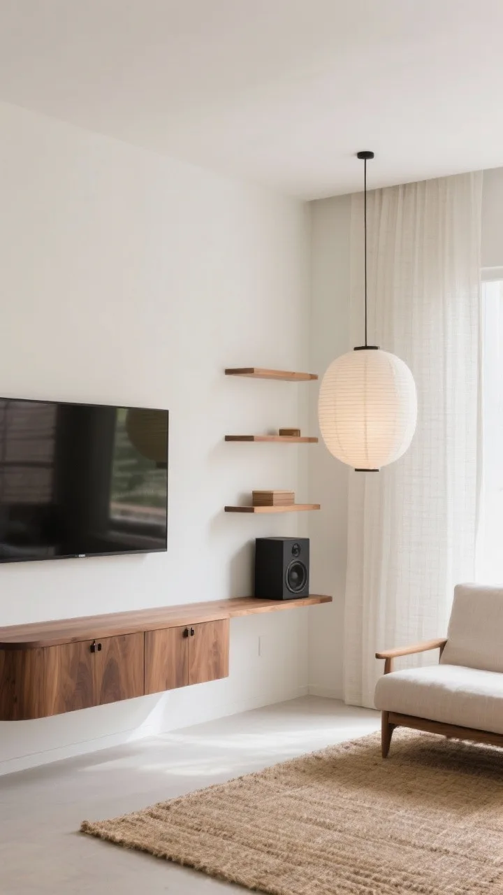 Medium shot from a low angle: A Japandi floating media spine&mdash;rounded-corner floating walnut console with hardware-free push-latch fronts, a razor-thin plaster spine rising behind a wall-mounted TV, and a few asymmetrical light wood shelves. Palette of warm whites, pale wood, and charcoal accents. A linen chaise and a low-profile jute rug add earthy texture; a paper lantern pendant hovers in frame. Hidden subwoofer behind an acoustically transparent fabric panel. Soft morning light, airy and minimal.