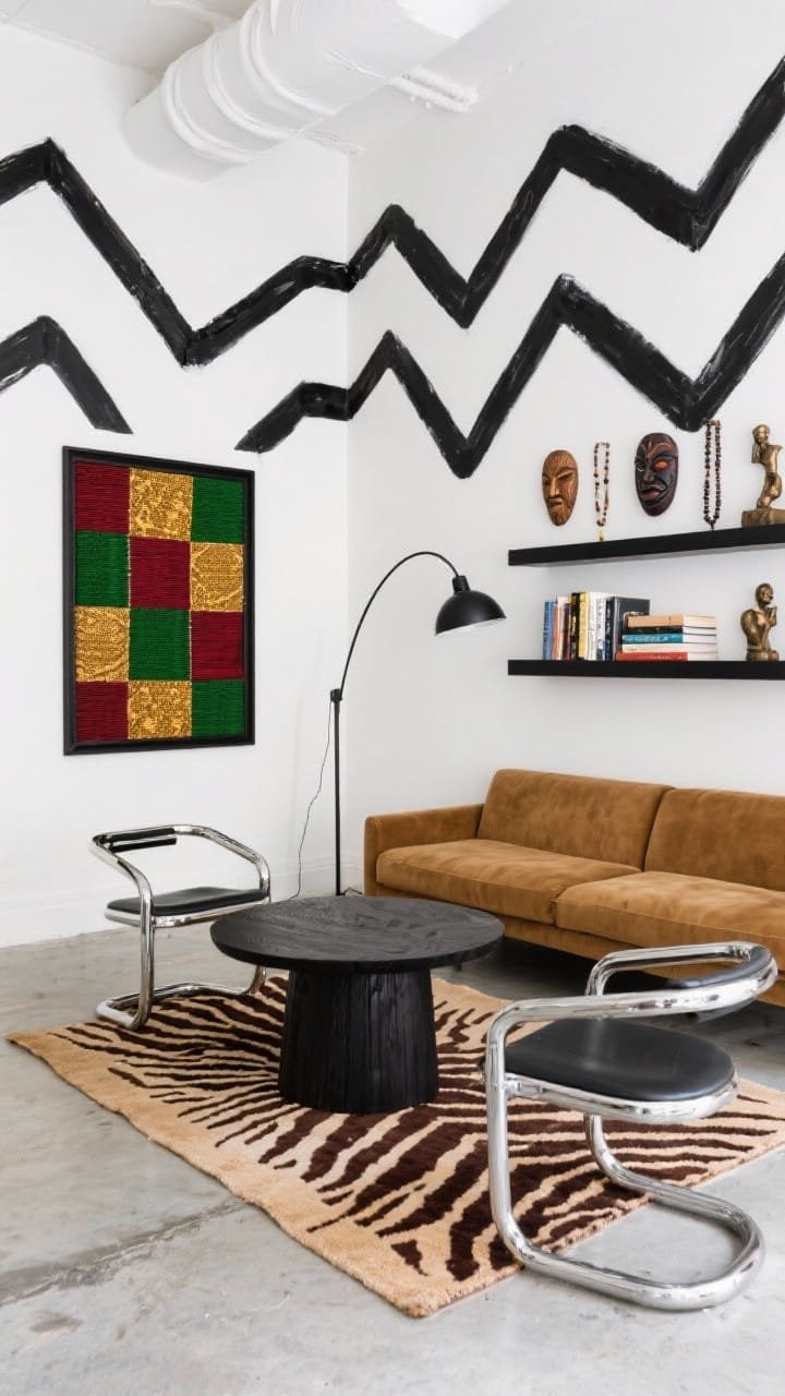 Medium shot from a side angle of a studio lounge with graphic energy: crisp white walls featuring a bold hand-painted black-and-white mural of repeating triangles and arcs, modular low-profile camel microfiber sofa, pair of vintage-style chrome-legged chairs, round black-stained wood coffee table centered, framed Kente-inspired textile with saturated blocks of gold, green, and crimson on adjacent wall, polished concrete floor softened by a tan-and-espresso zebra-pattern flat weave rug, floating black shelves displaying carved masks, bead strands, and small bronze figures, matte black adjustable task floor lamp arching over art books; bright, creative atmosphere; photorealistic.