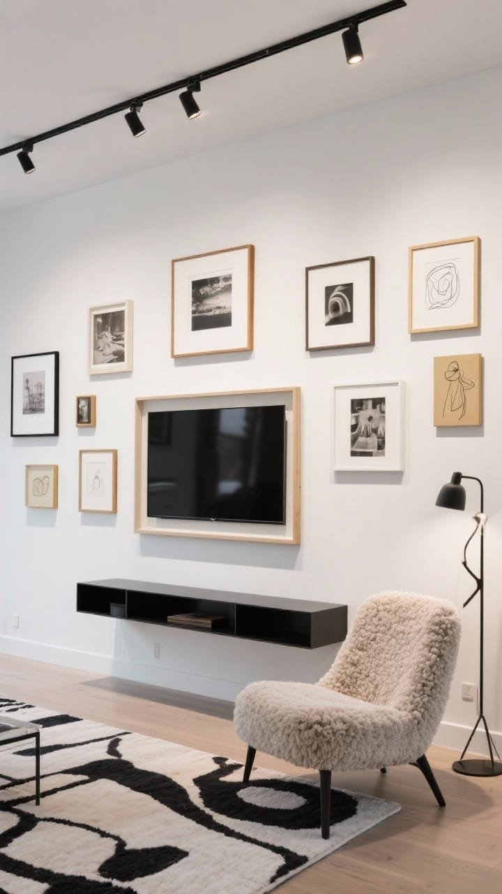 Medium shot, gallery-style: An art gallery media wall with a frame TV centered on a matte gallery-white wall, surrounded by a carefully curated salon hang of mixed frames—thin black, oak, and brass—containing photography, line drawings, and small canvas studies. A floating blackened-steel shelf beneath the TV acts as a minimal console. A boucle chair and sculptural floor lamp appear at the edge, with an abstract rug underfoot. Slim art spotlights and dimmable overheads create an exhibition mood.