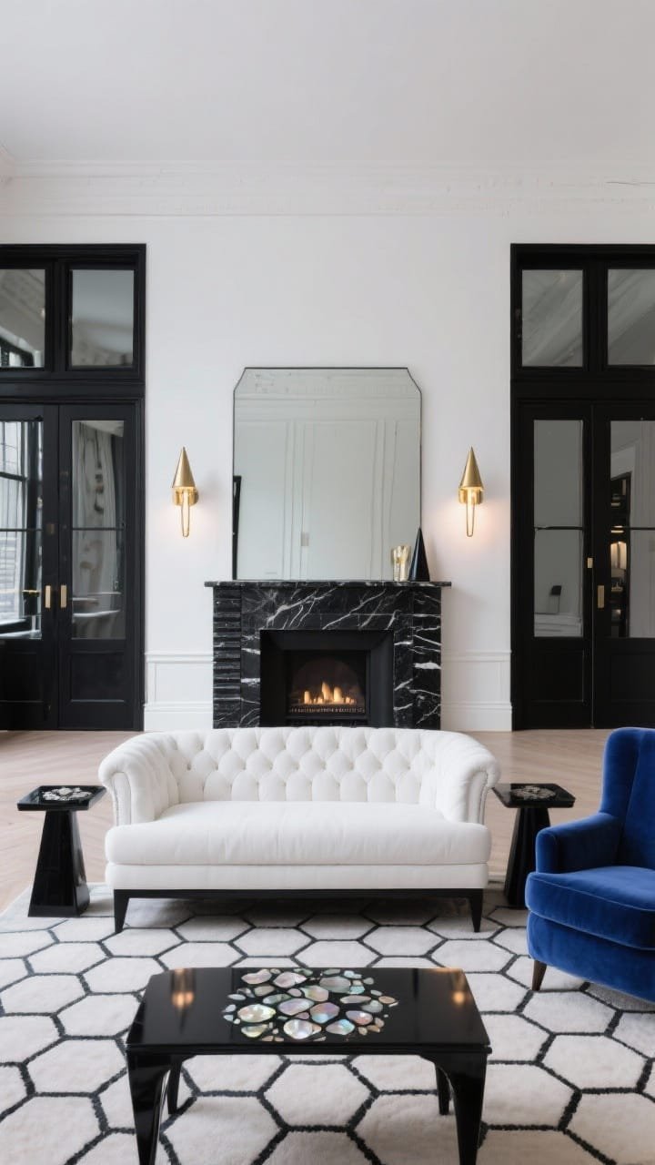 Medium shot, high-contrast photorealistic composition: chalk-white walls with crisp black lacquer trim on windows, doors, and baseboards. A white performance-fabric tuxedo sofa centered, flanked by black lacquer side tables with mother-of-pearl inlays. Geometric rug of interlocking hexagons underfoot. Black marble fireplace with stepped sides as statement focal point, cone sconces with brass accents on either side. Add a single cobalt velvet armchair for a color hit and smoked mirror panels behind the sofa. Straight-on, evening ambient lighting; no people.
