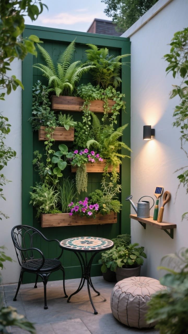 Medium shot, living green wall nook: A vertical planter wall with a deep forest green frame holding staggered cedar planter boxes bursting with ferns, trailing ivy, creeping Jenny, mixed herbs (mint, thyme, rosemary), and pops of calibrachoa/petunias; a cozy black metal bistro set with curved chairs and a small mosaic-topped table sits in front; an outdoor pouf and a slim console shelf with gardening tools and a watering can to the side; clip-on solar spotlights are positioned along the frame, beginning to illuminate foliage at dusk; lush, refreshing mood, slight overhead corner perspective, photorealistic.