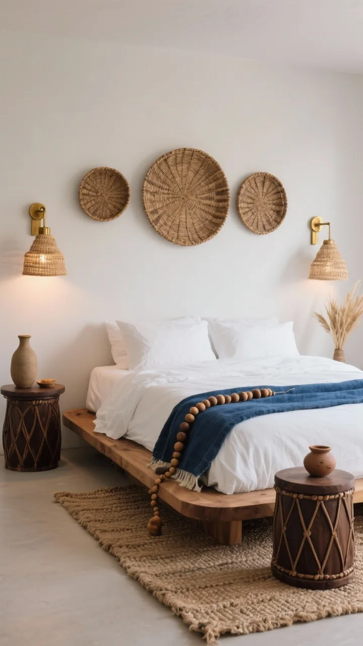 Medium shot, modern nomad bedroom: solid wood platform bed with rounded edges dressed in crisp white sheets and an indigo-dyed throw at the foot; handwoven sisal rug beneath; matching drum-style side tables carved from dark wood; wall art is a symmetrical trio of woven baskets; brass sconces with raffia shades flanking the bed for warm glow; minimal surfaces with a ceramic water carafe, wooden bead garland, and a small handmade clay vessel holding dried grasses. Color palette white, indigo, cocoa brown, brass. Calm, tactile, evening warmth.