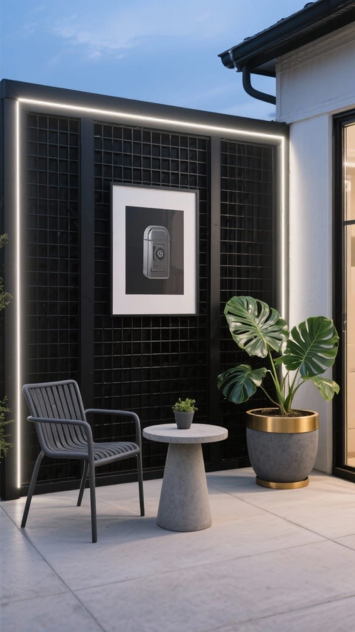 Medium shot, modern patio: A sleek black grid privacy screen with matte-black frame and small-square metal mesh forms a crisp backdrop; charcoal aluminum chairs and a compact concrete pedestal table sit on a smooth patio; graphite planters hold a bold monstera and a fiddle-leaf fig; minimalist warm-white LED strip lights are tucked along the screen&rsquo;s inner frame; palette of black, charcoal, olive with a subtle brass accent from a planter rim; a single oversized outdoor-safe art print hangs centered within one grid cell; evening blue-hour glow, corner angle, photorealistic.