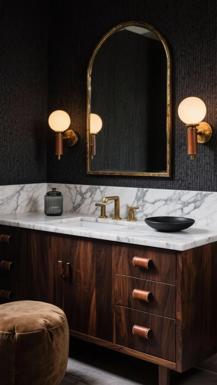 Medium shot, moody luxe vanity: deep walnut slab-front cabinet with a thick Calacatta marble top featuring bold gray veining; arched aged-brass framed mirror centered above. Pair of warm-glow globe sconces, leather-wrapped handles on drawers. Backdrop is charcoal grasscloth wall; palette of charcoal, walnut brown, creamy white. Smoky glass canister and black clay dish on the counter, cashmere pouf nearby. Cinematic evening lighting with soft highlights on aged brass.