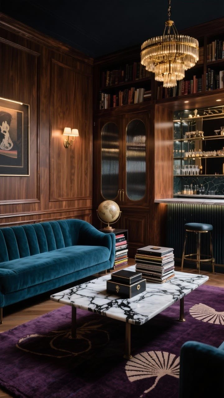 Medium shot, moody photorealistic library/lounge: walnut wall paneling with subtle fluting, deep teal velvet sofa running along the wall. Opposite, a built-in bar with ribbed glass doors and smoked mirror backsplash reflecting a tiered brass chandelier. Trapezoid marble coffee table with bold black-and-white veining on an aubergine wool rug with faint fan motif. Add lacquered boxes, a vintage-style globe, and a stack of jazz vinyl. Warm, low lighting with picture lights over art; no people.
