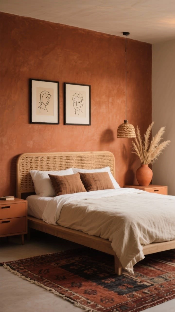 Medium shot of an earth-toned bedroom with a terracotta accent wall behind a low platform bed with a rattan headboard; bed dressed in stonewashed cotton sheets, a cream duvet, and two mudcloth lumbar pillows; a flat kilim rug in muted rust and charcoal at the foot of the bed; slim warm-toned nightstands with discreet storage kept clear; a single woven pendant hanging over one side of the bed; two line-drawn portraits in black frames above the nightstand; dried grasses in a terracotta vase providing soft movement; clean, uncluttered styling; warm, diffused evening light, straight-on view.