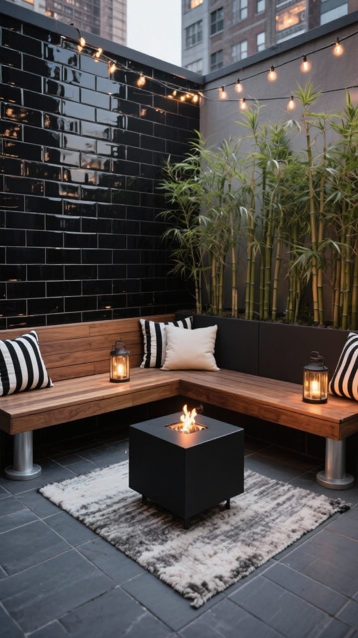 Medium shot of an urban terrace corner: an L-shaped built-in bench in ipe/composite wood hugging a matte black cube-style gas fire table set on charcoal porcelain pavers on pedestals. Behind the bench, a black vertical tile feature wall&mdash;glossy zellige, subtly reflective&mdash;adds drama. Tall planters with bamboo rise for privacy and height. Striped black-and-cream cushions and an indoor-outdoor wool rug soften edges; powder-coated aluminum accents. Evening ambience with battery lanterns glowing on the bench and a dimmable string light overhead. Photorealistic, city-chic, compact space.