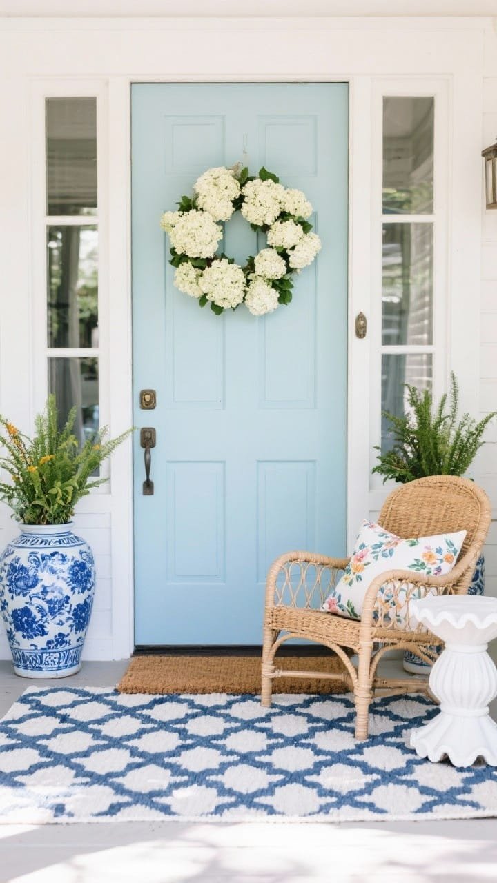 Medium shot of coastal grandmillennial mix: pale sky-blue door with a hydrangea wreath, blue-and-white ginger jar planters flanking the entry, rattan lounge chair with floral pillows, white garden stool as side table, scalloped doormat layered over a blue trellis-pattern rug, palette of sky blue, navy, rattan tan, and white, soft coastal light.