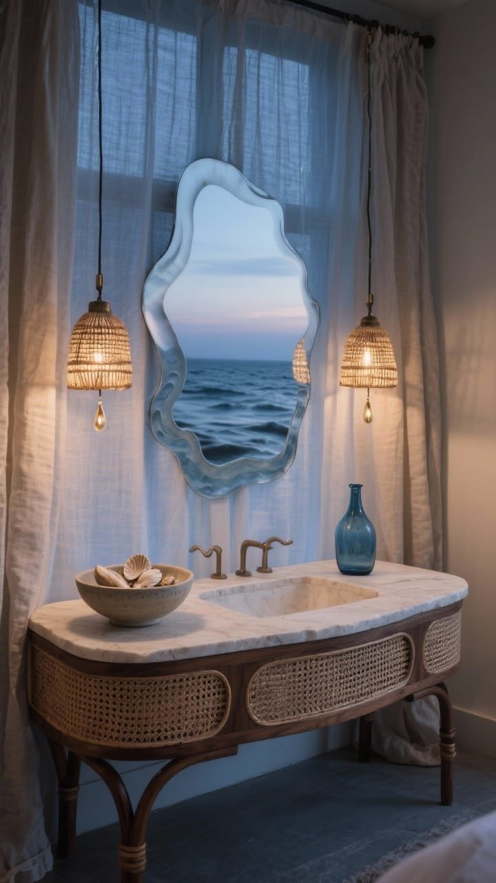 Medium shot, slight side angle: A coastal-twilight vanity using a curved rattan-and-oak console in sable stain, topped with pale limestone to catch soft light. Above hangs a wave-cut mirror with a fogged, sea-glass-at-dusk finish. On each side, tiny pendant drops with woven shades hang low; bulbs are warm, low-lumen LEDs for a dim, tidal mood. Behind, a gauzy linen curtain layers soft shadows. Palette of slate blue, sand, and driftwood brown; textures of rattan, linen, and limestone. Styling: a shallow ceramic bowl of shells and a smoky blue glass bottle. Dreamy and atmospheric, no people.