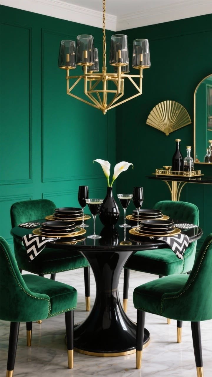 Medium shot, straight-on: A glamorous Art-Deco dining vignette with deep emerald walls, a glossy black pedestal table, and curvy dining chairs upholstered in bottle green velvet with brass-capped feet. On the table: matte black coupe glasses for champagne and cocktails, glossy black plates stacked on gold-edged glass chargers. Overhead, a geometric brass chandelier with smoked glass shades. Art-Deco motifs appear in fan-patterned napkins, chevron coasters, and a mirrored tray for decanters. A black vase holds sleek white calla lilies. Photorealistic, high-contrast brass geometry and jet black accents.