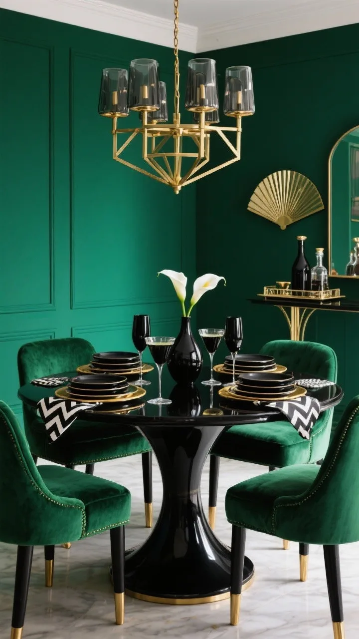 Medium shot, straight-on: A glamorous Art-Deco dining vignette with deep emerald walls, a glossy black pedestal table, and curvy dining chairs upholstered in bottle green velvet with brass-capped feet. On the table: matte black coupe glasses for champagne and cocktails, glossy black plates stacked on gold-edged glass chargers. Overhead, a geometric brass chandelier with smoked glass shades. Art-Deco motifs appear in fan-patterned napkins, chevron coasters, and a mirrored tray for decanters. A black vase holds sleek white calla lilies. Photorealistic, high-contrast brass geometry and jet black accents.