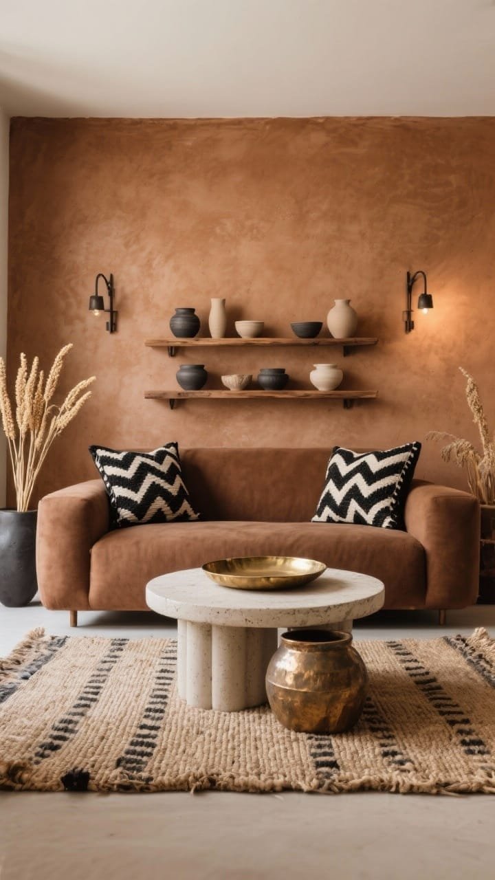 Medium shot, straight-on: Cocooning scene with a cinnamon clay-plaster feature wall. A boxy cocoa sofa faces a plaster drum coffee table, both reading sculptural yet relaxed. Black-and-cream mudcloth pillows with zigzag motifs. Floating wood shelves display hand-thrown matte ceramics. Underfoot, a thick jute-and-wool blend rug. Details: dried millet stems, iron sconces on the feature wall, a hammered brass tray on the table. Palette: cinnamon, cocoa, bone, black. Warm ambient lighting.