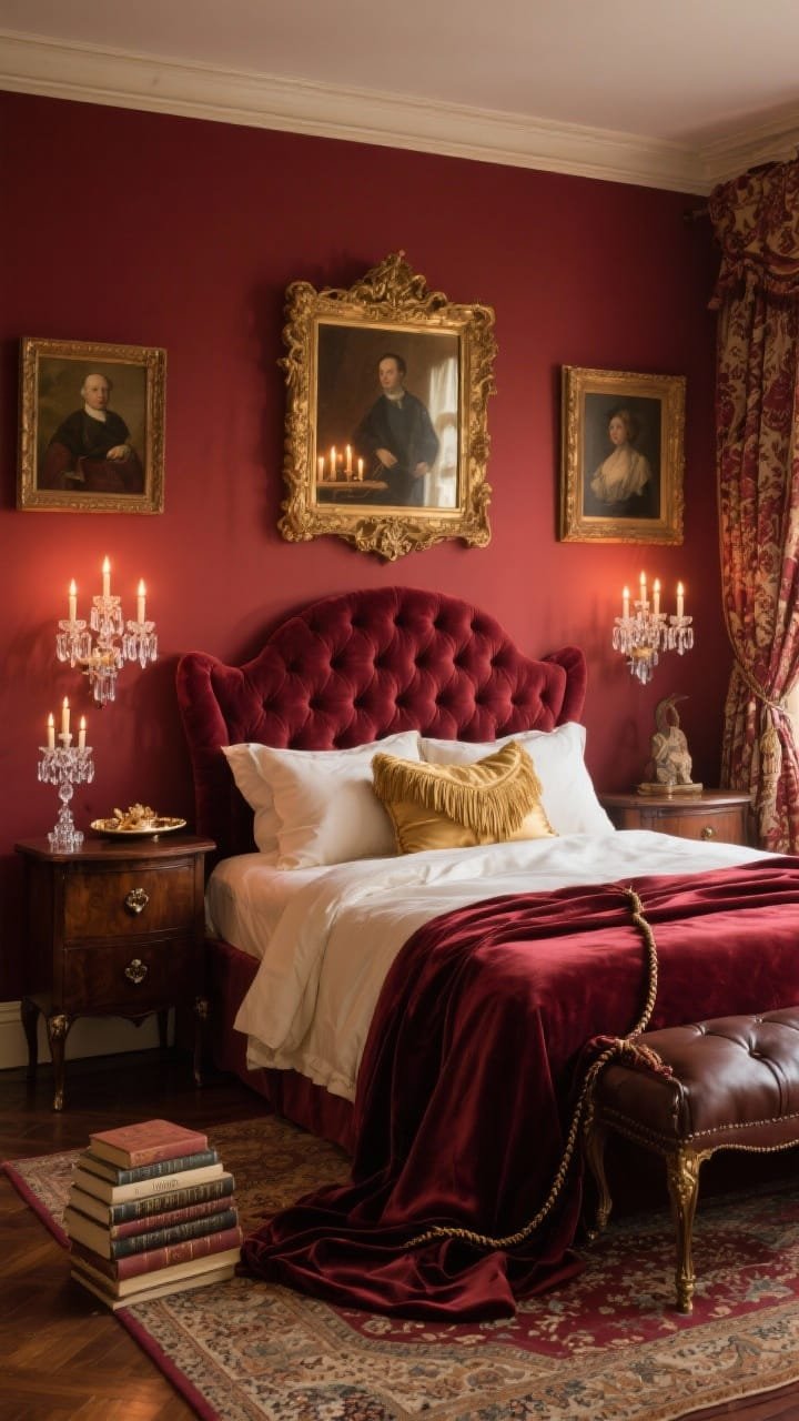 Medium shot, straight-on of &ldquo;Old-World Romance&rdquo;: oxblood walls with satin sheen; tufted wingback headboard in merlot velvet; cream sateen sheets, burgundy silk duvet, and gold-fringed pillows; framed oil portraits and a gilded mirror reflecting candlelight; dark walnut nightstands with cabriole legs and crystal knobs; antique-style crystal sconces glowing warmly and a small candelabra on a tray; brocade drapes puddled on the floor tied with velvet cords; a leather-bound book stack and a petite Persian runner at the bedside; photorealistic, rich and intimate.