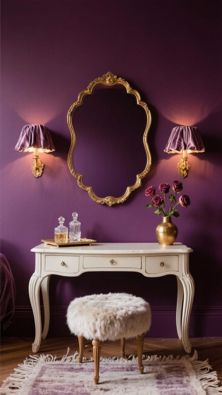 Medium shot, straight-on: Parisian plum boudoir vanity wall painted deep plum/aubergine in matte. A petite antique-style cream vanity with fluted legs sits centered, paired with a mohair ottoman. Above, a scalloped-edge mirror in antiqued gold hangs slightly lower for intimacy. Flanking the mirror are pleated silk sconces casting warm, flattering light. Accents: a perfume tray with cut-glass bottles and dried roses in a brass bud vase. Palette of aubergine, cream, and antique gold; textures of silk, mohair, and aged wood. Add a fringed rug underfoot. Romantic, shadowy, no people.