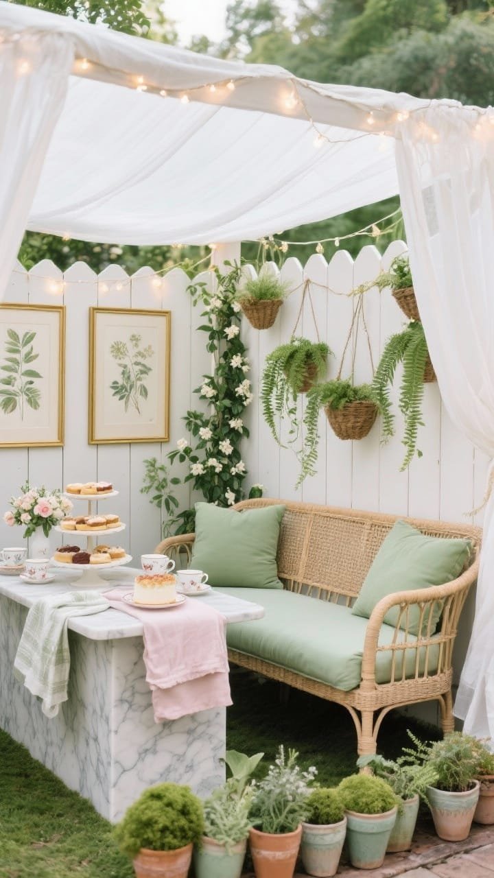 Medium shot under a sheer white canopy draped between posts and a fence, styled as a botanical tea nook. A slim rattan loveseat with sage-green cushions faces a narrow marble-topped side table layered with tiers of pastries, floral teacups, linen napkins, and a petite cake stand. Lush greenery: vertical trellis with climbing jasmine, hanging fern baskets, and a ribbon of muted ceramic herb pots along the base. Thin gold-framed botanical prints on the fence, fairy lights woven along the canopy edge casting a soft, romantic glow. Palette of sage, white, blush, moss.