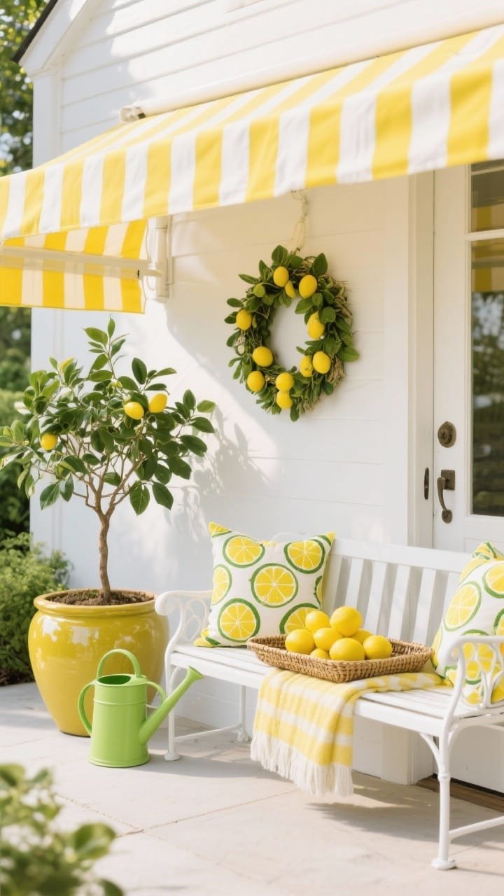 Medium shot under a striped awning: bright lemon-yellow and white stripes casting soft shade, white metal garden bench with lemon-print cushions and matching throw, a dwarf lemon tree in a glossy ceramic pot beside a lime-colored watering can, woven tray with faux lemons on the bench, citrus wreath on the door, crisp white and leafy green accents, fresh and sunny.