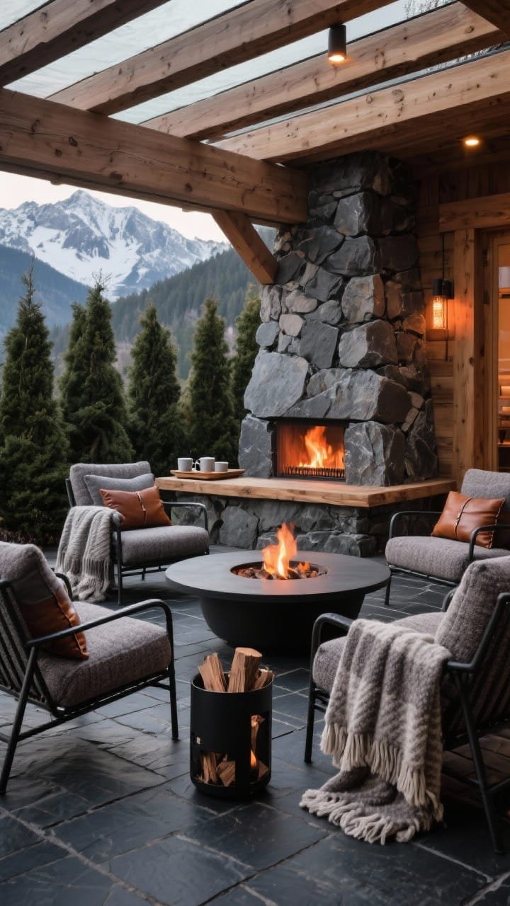 Medium shot under a timber pergola of a mountain chalet modern lounge: a substantial cut-stone fire pit with flat cap ringed by iron-framed lounge chairs with thick tweed-like heather gray cushions, set on charcoal slate pavers. Textures layered: chunky wool blankets tossed over chairs, leather-trimmed pillows, and a blackened steel log holder at the ready. Tall evergreen shrubs form a backdrop; a rough-hewn oak console holds mugs and trays. Discreet radiant heater under pergola and warm downlights make the stone sparkle; palette of charcoal, ash, espresso with ember orange accents from the fire. Photorealistic, cozy alpine polish.
