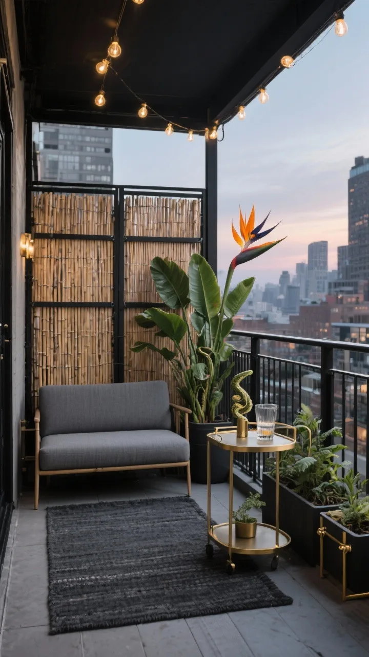 Medium shot, urban balcony oasis: black powder-coated steel frame privacy screens with rolled reed/bamboo fencing clipped inside; charcoal outdoor rug; slim armless loveseat in graphite fabric; leafy snake plant and bird of paradise for height; compact bar cart; warm string lights overhead; touches of brass and clip-on planter boxes along the rail; narrow furniture profiles maximizing floor space; city backdrop; corner angle, dusk lighting, photorealistic.