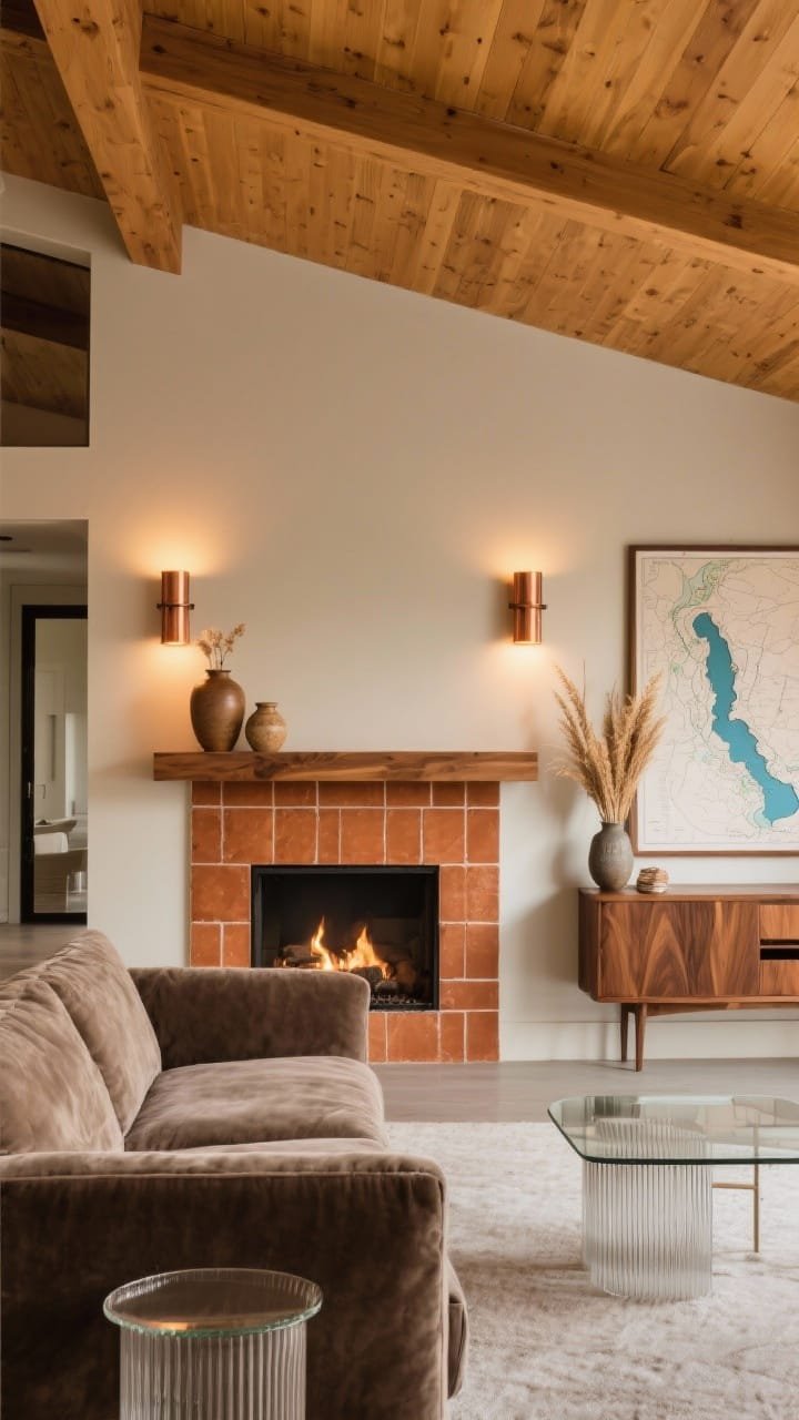 Medium shot, warm modern seating area viewed straight-on: honey-toned pine ceiling paneling, smooth plaster-finish walls, a plush taupe velvet sofa in front of a terracotta-tiled fireplace with a slim oak mantel; brushed copper sconces glow like embers, fluted walnut media console to the side, ribbed glass side tables catching warm light; mantel styled with ceramic vases, dried reeds, and a framed lake topo map; cozy evening lighting.