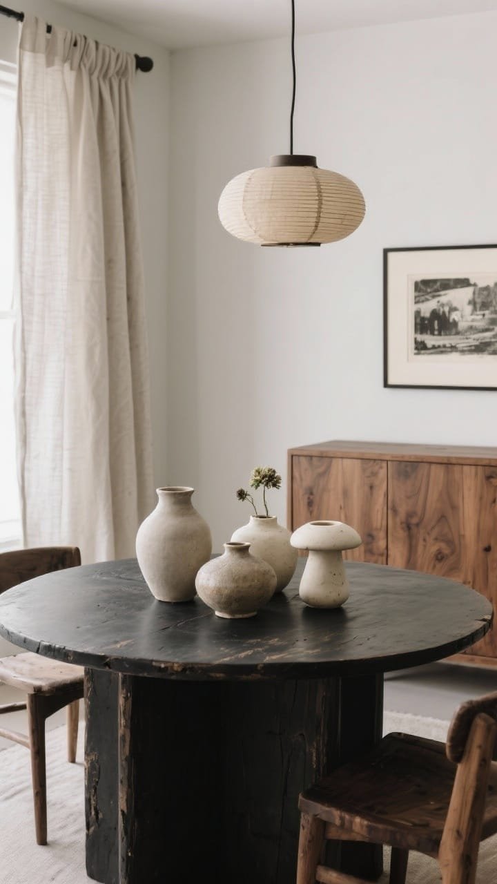 Medium shot with gallery-like calm: a dark-stain table displaying a wabi-sabi cluster of 3–5 handmade ceramic vessels in mushroom, putty, and ecru, mixed matte and glazed finishes—no flowers. Backdrop includes a rift oak credenza, softly puddled linen drapes, a linen-drum pendant, and framed vintage black-and-white art. Soft, even lighting.
