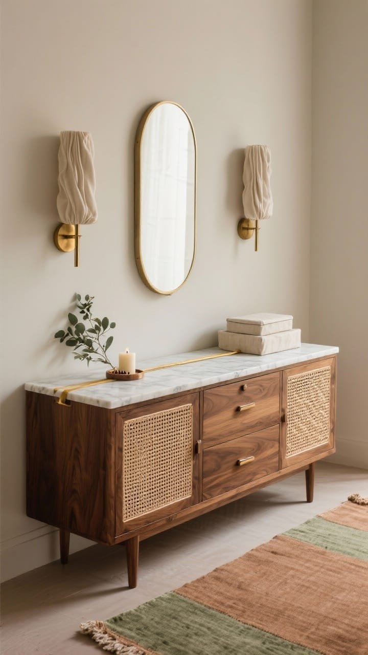 Medium shot with height emphasis: cane-front walnut cabinet with inset cane panel doors, tumbled cream marble top with softened edges. Long thin brass ribbon pulls spanning drawer lengths; tall pill-shaped mirror; pleated linen sconces with brass bases flanking. Palette warm walnut, cream marble, natural cane; marble match striker, eucalyptus candle, linen-covered storage boxes. Low-pile vintage runner in muted clay and sage; warm, relaxed light.