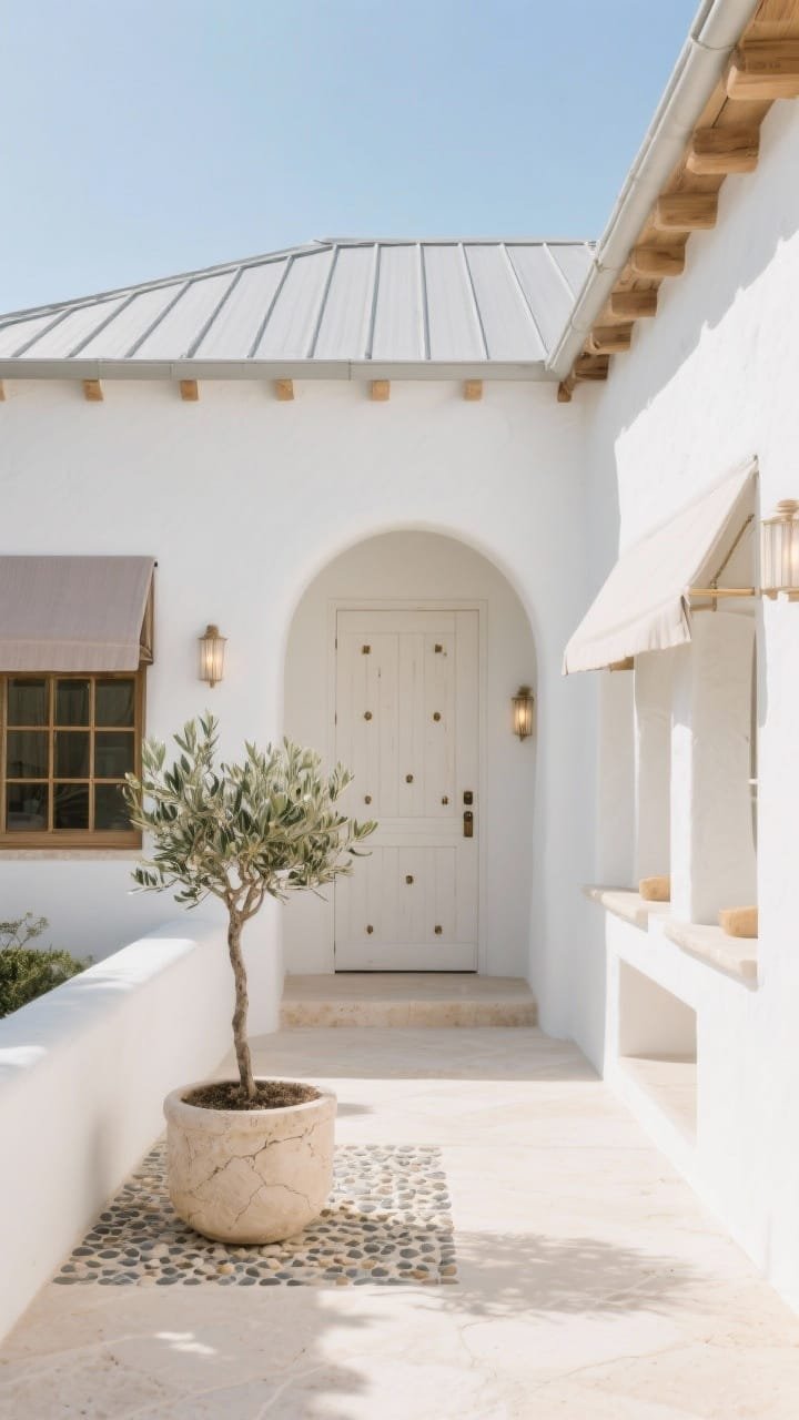 Medium, straight-on courtyard-entry view of a &ldquo;Whitewashed Mediterranean Coastal&rdquo;: whitewashed plaster with gentle rounded corners and quiet archways, pale taupe micro-rib metal roof. Thin bronze-framed windows with low-profile mullions, pale white oak plank door with subtle square nail heads. Courtyard vignette featuring a single olive tree in a travertine planter set on a creamy pebble mosaic, niches with soft uplights and linen-toned awnings casting soft shadows. Palette of chalk white, bronze, pale taupe, and honey wood in bright coastal daylight. Photorealistic.