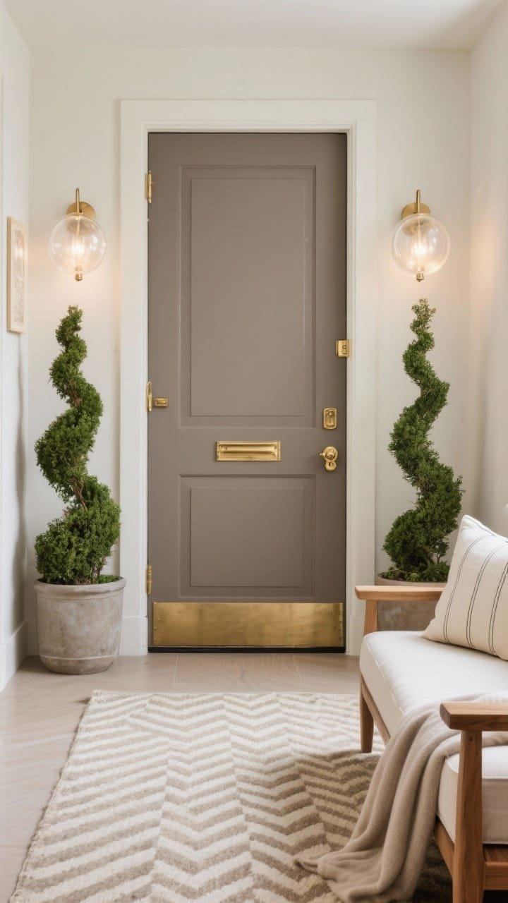 Medium, straight-on luxe entry: taupe door with brushed brass hardware and a sleek brass door knocker, flanked by tall sculpted topiaries in elegant planters, herringbone neutral rug centered at the threshold, cushioned teak settee with linen pillows and a thin cashmere-style throw, frosted globe sconces casting a soft warm glow, palette of taupe, cream, brass, and olive green, elevated and refined.