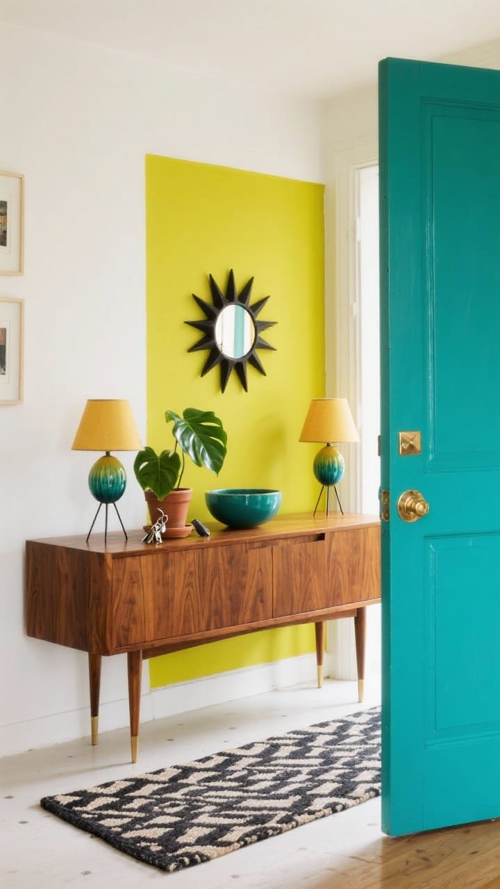 Medium straight-on mid-century scene: bold front door painted citrus chartreuse (or teal) slightly open, warm walnut credenza with tapered legs centered. Starburst mirror above, geometric runner on the floor, pair of ceramic lamps in saturated color flanking decor, small planter on hairpin legs with a rubber plant beside the credenza. Glossy enamel bowl for keys tying colors together. Upbeat, playful mood. Palette: walnut, chartreuse or teal, cream, matte black accents. Materials: walnut, ceramic, enamel, brass. No people.