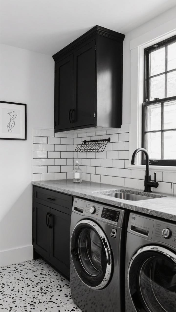 Medium straight-on shot, Monochrome Grid laundry: matte black shaker cabinets with linear black pulls and matte black faucet, micro-beveled white subway tile full-height backsplash with black grout lines, graphite quartz counter bridging side-by-side machines, black-framed transom window casting natural light, minimal decor including a single framed line drawing, a clear soap decanter, and a black wire wall rack for hang-drying; terrazzo floor with small black chips; high-contrast black-and-white mood, crisp and graphic, photorealistic.