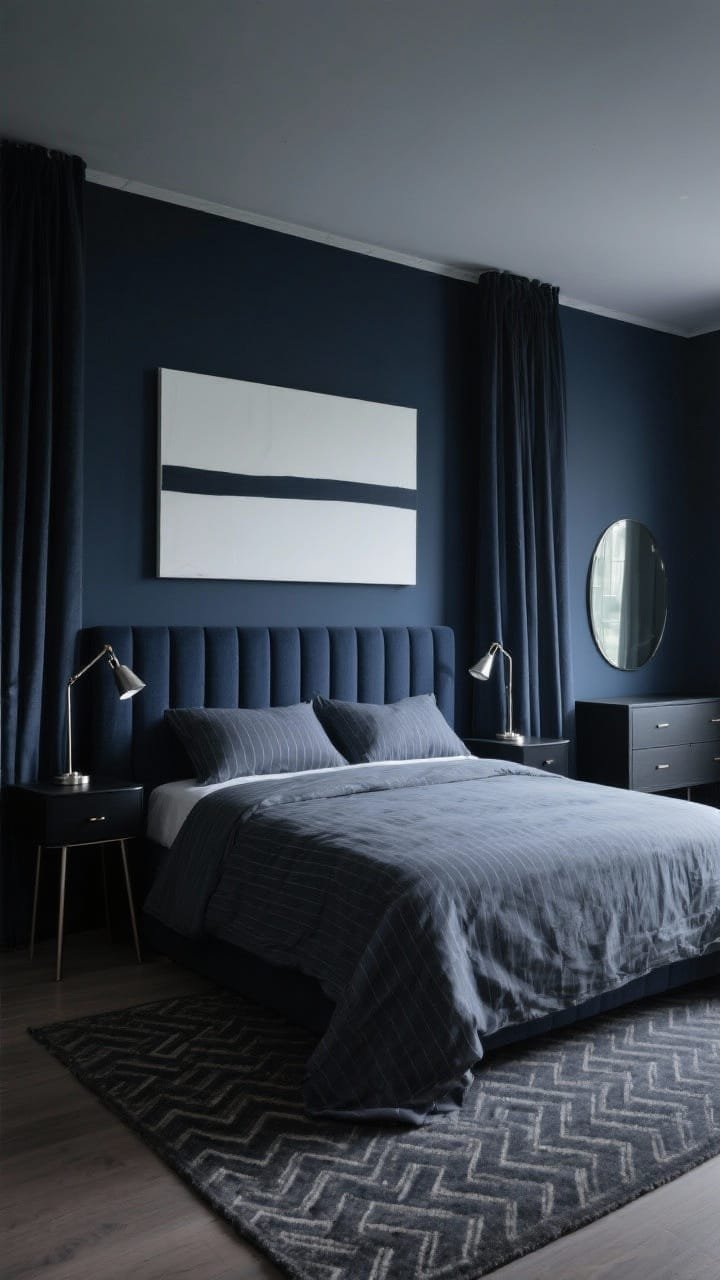 Medium, straight-on view of a moody bedroom with matte inky navy walls and a striped upholstered headboard in tonal navy and slate as the focal point. Bed dressed in a pinstripe duvet with solid linen shams; tapered black nightstands on both sides with brushed-nickel swing-arm sconces. Include a flatweave graphite rug with subtle herringbone beneath the bed, solid curtains, and an oversized abstract white canvas with a single bold stripe cutting across. A smoked mirror above a sleek dresser is visible to the side. Low, soft evening lighting emphasizing quiet drama; palette: navy, slate, graphite, hints of silver.