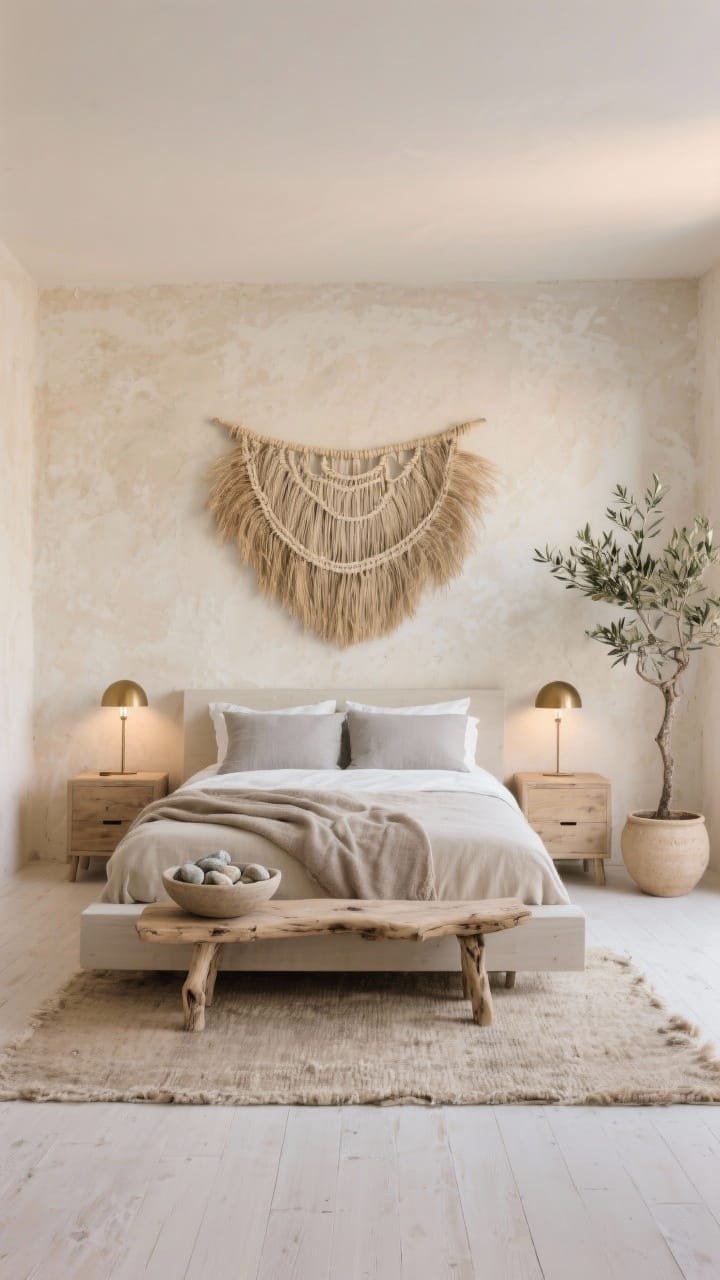Medium, straight-on view of a sand-dune bedroom in controlled neutrals: low bleached-ash platform bed dressed with oatmeal linen sheets, fog-gray duvet, and a pale taupe textured throw; matching driftwood-finish nightstands with matte brass dome sconces glowing softly; limewashed, mottled beige walls; whitewashed wide-plank floors with a nubby undyed wool rug; decor includes an overscale hand-tied seagrass wall hanging and a ceramic bowl of beach stones; a wooden bench at the foot of the bed and a single olive tree in a sandy pot; serene, coastal-at-dusk tone