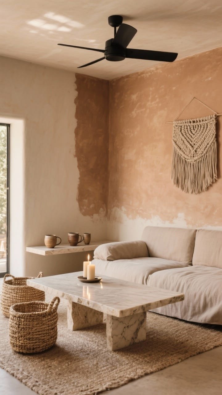 Medium, straight-on view of an earthy modern seating zone: walls in earth-toned limewash (clay, chai, nutmeg variations) with subtle movement; a low, deep canvas slipcovered sofa facing a softly reflective travertine slab table with candles; tactile accents&mdash;woven seagrass baskets on the floor, ceramic mugs on an open ledge, a hand-knit wall hanging; a quiet matte black ceiling fan overhead; warm, gentle morning light emphasizing texture.
