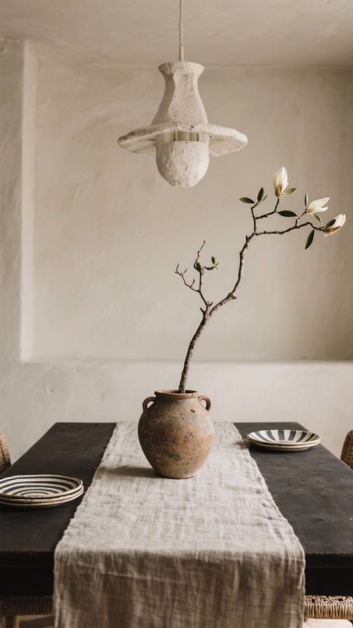 Medium, straight-on vignette: a single weathered clay pot centered on a grainy linen runner atop a dark espresso table, holding a sculptural branch (olive/birch/magnolia) reaching upward for height. Putty-colored walls, a plaster chandelier above, and striped ceramic plates set nearby for an earthy, collected ambiance. Soft, diffused lighting.