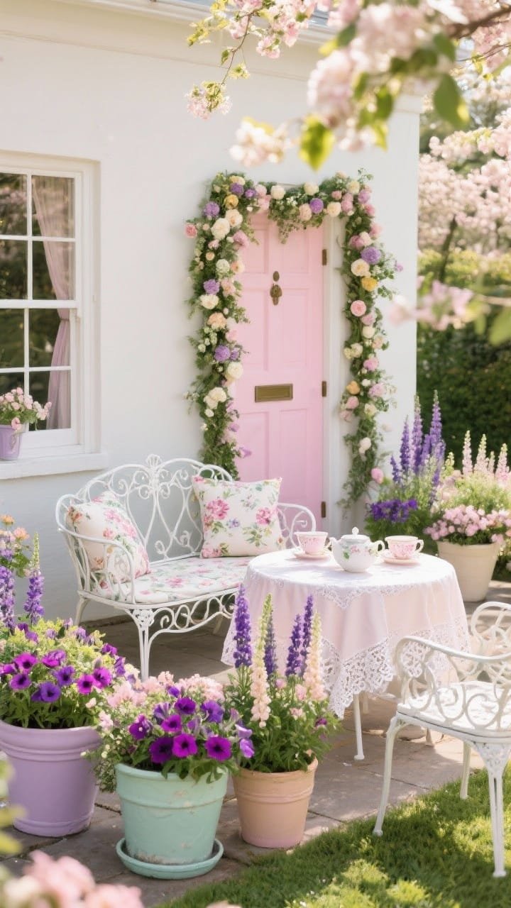 Medium, tea-ready garden party scene: white wrought-iron loveseat with floral cushions facing a small round table dressed in a lace-edged outdoor cloth, mismatched pastel planters brimming with petunias and snapdragons, cascading floral garland framing the door, pastel pink, lilac, buttercream, and mint palette, festive spring ambiance under bright natural daylight.