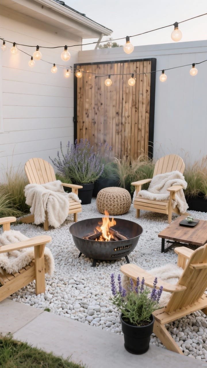 Medium, three-quarter angle of a Scandinavian cozy fire pit nook on pale off-white pea gravel: a circular smokeless steel fire pit surrounded by blonde wood Adirondack chairs draped in shearling-style throws. Behind, a vertical slat cedar screen frames the scene and blocks wind. Woven jute poufs and a low teak coffee table sit nearby; silver-green herbs (lavender, thyme) and dwarf grasses soften the edges in matte black metal planters. String globe lights drape overhead, warm glow; color story in linen, cream, driftwood with black accents. Photorealistic hygge vibe, bright but soft evening light.
