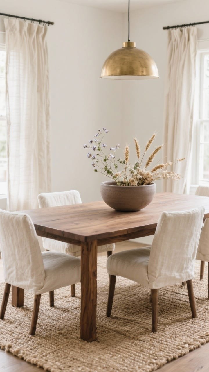 Medium, three-quarter angle of a walnut dining table featuring a large hand-thrown stoneware bowl in taupe filled with dried lunaria, bleached ruscus, and wheat for an airy, tonal look. Room details: jute rug underfoot, cream slipcovered chairs, layered linen drapes, and a soft brass dome pendant casting warm ambient light. Neutral, textural focus.