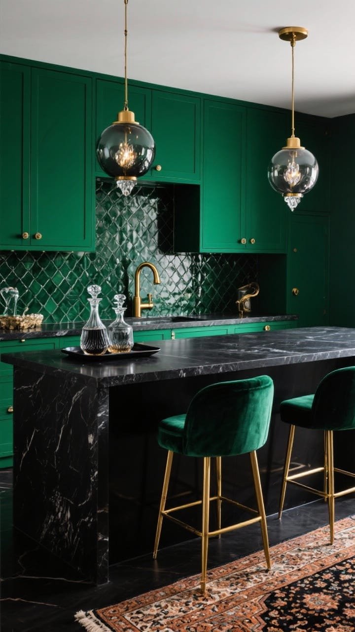 Medium, three-quarter view of a Moody Emerald Glam island and back wall: deep emerald green cabinets, black soapstone-look counters, black zellige-style or glossy dark green tile backsplash. Brushed brass hardware, a statement swan-neck faucet in brass, smoked glass decanters on a black marble tray. Velvet-look bar stools with gold legs, crystal-accented brass pendants (or smoked-glass globes) casting a warm sparkle. An emerald/black/rust vintage-look Persian runner on the floor, rich, cocktail-hour ambiance.