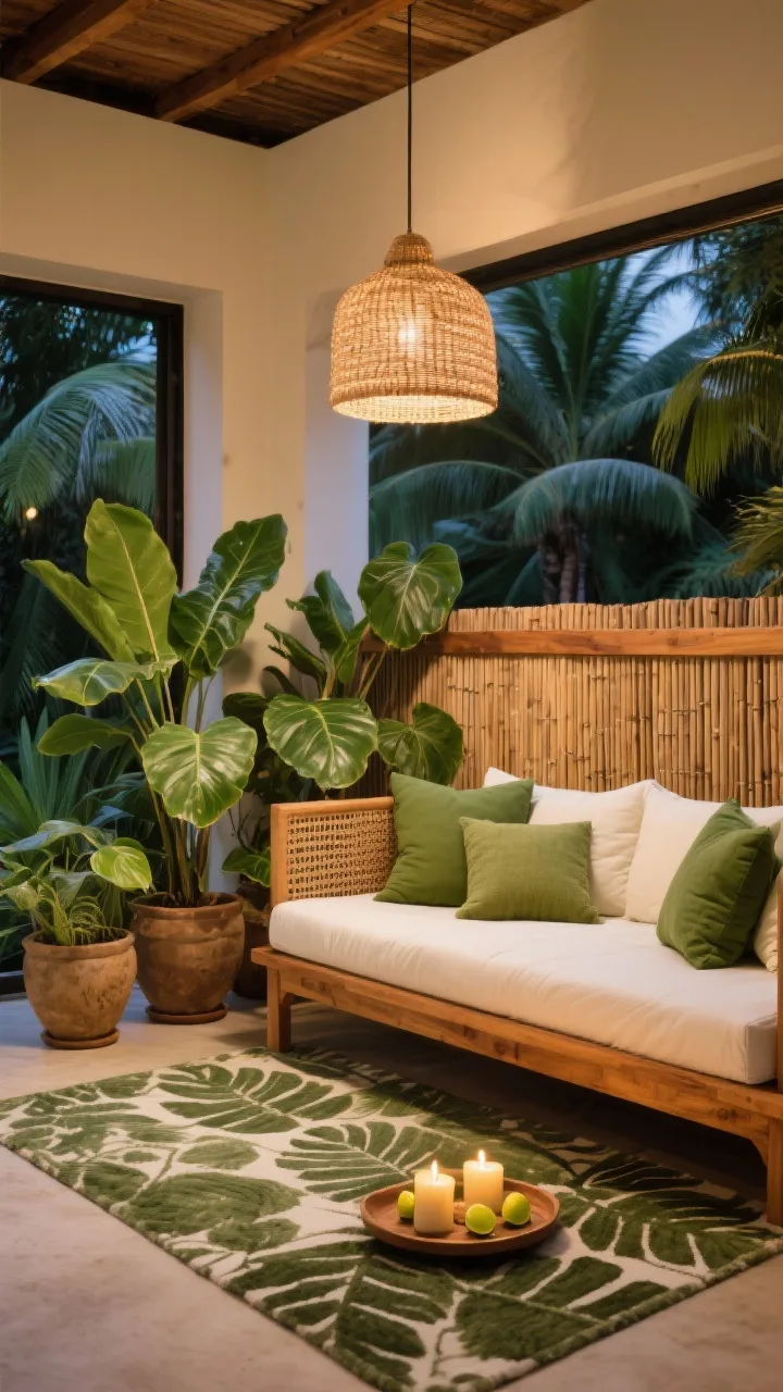 Medium tropical retreat: reeded fence rolls layered over a sturdy frame with a clean wood cap rail along the top; teak daybed piled with moss-green and ivory cushions on a leafy-print rug; cluster of oversized planters with palms and monsteras; rattan pendant overhead and a tray with citronella candles on the daybed; warm, humid evening light with gentle highlights; colors warm reed, teak, moss green, ivory; materials reed, teak, rattan; straight-on view, photorealistic.