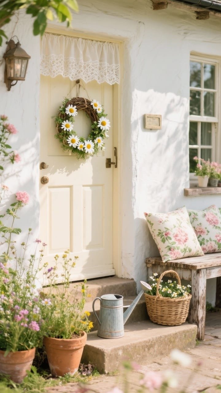 Medium vignette of cottagecore storybook entry: buttercream door, lace valance over a nearby side window, distressed wood bench with floral cushions, aged terracotta pots filled with mixed wildflowers, vintage-style watering can tucked beside the steps, woven basket wreath overflowing with daisies and chamomile on the door, warm morning light, palette of buttercream, rose, leaf green, and warm white, sweet and whimsical.