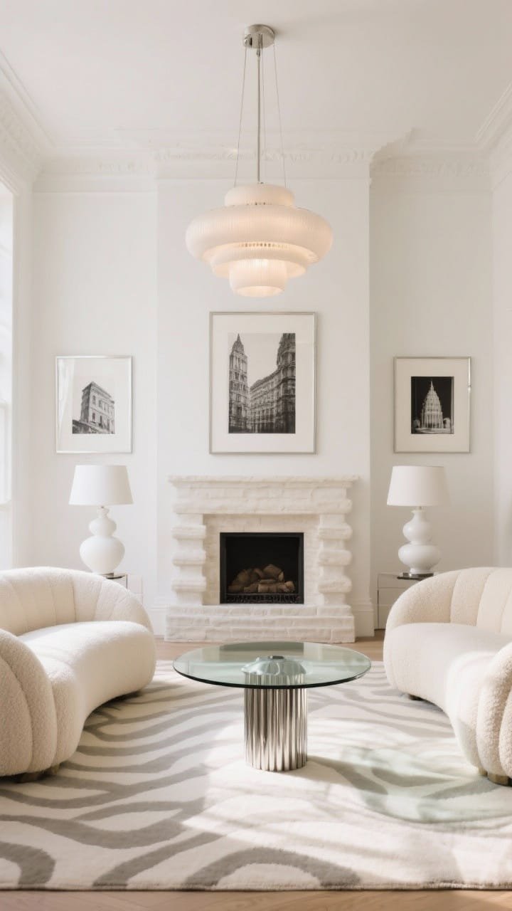 Medium wide, airy photorealistic scene in natural daylight: warm white subtly plaster-textured walls, two curved cream boucle sofas facing each other around a chrome pedestal coffee table with thick glass top. A ribbed plaster fireplace with stepped mantel is centered on the back wall. Tiered opaline chandelier glows softly overhead. Add oversized black-and-white architectural prints in slim chrome frames, a wave-patterned rug, and two sculptural white ceramic lamps. Straight-on perspective, bright and fresh; no people.