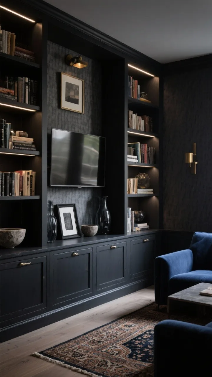 Medium-wide corner angle: A moody charcoal built-in library wrapping a TV, floor-to-ceiling cabinetry in deep charcoal with chunky shelves filled with books. Linen-textured wallpaper backs the shelves, bronze picture lights over each section, and subtle toe-kick LED strips washing the lower closed storage. Accents include black frames, stone bowls, and smoky glass vases. A midnight-blue sofa fronts the unit, with a vintage Persian runner anchoring the scene. Low, cinematic evening lighting, rich and cozy.