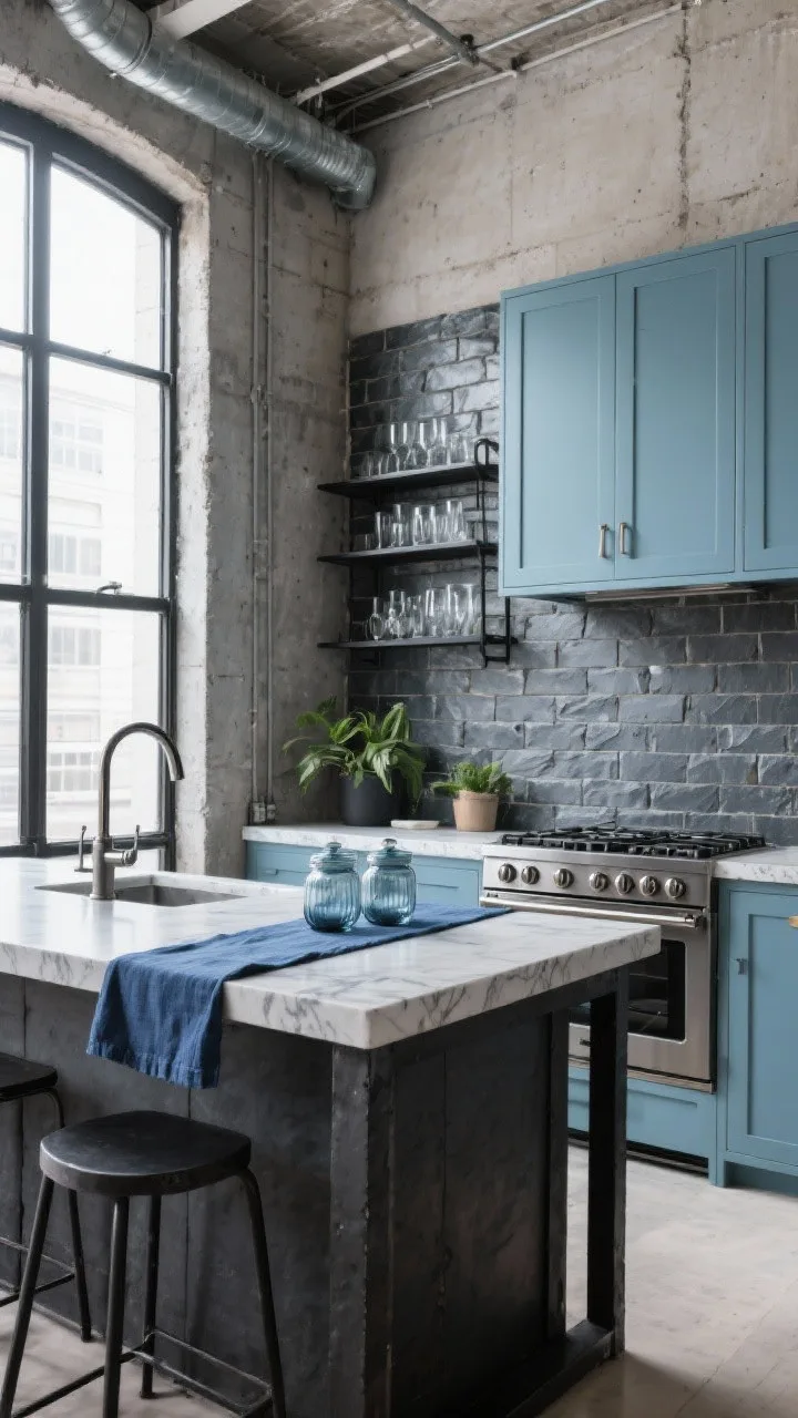Medium-wide corner angle: An Urban Glacier loft kitchen featuring exposed concrete walls, a charcoal-concrete island on chunky black steel legs, and satin-finish powder-blue upper cabinets. Vertical stacked honed slate tile backsplash as a showpiece, blackened steel open shelves holding glassware and a few plants. Gunmetal faucet, pro-style range with brushed steel knobs, concrete-look quartz countertops with faint veining. Indigo linen runner and smoky glass canisters add accents. Bright industrial daylight from tall windows; crisp, elevated warehouse vibe. Photorealistic.