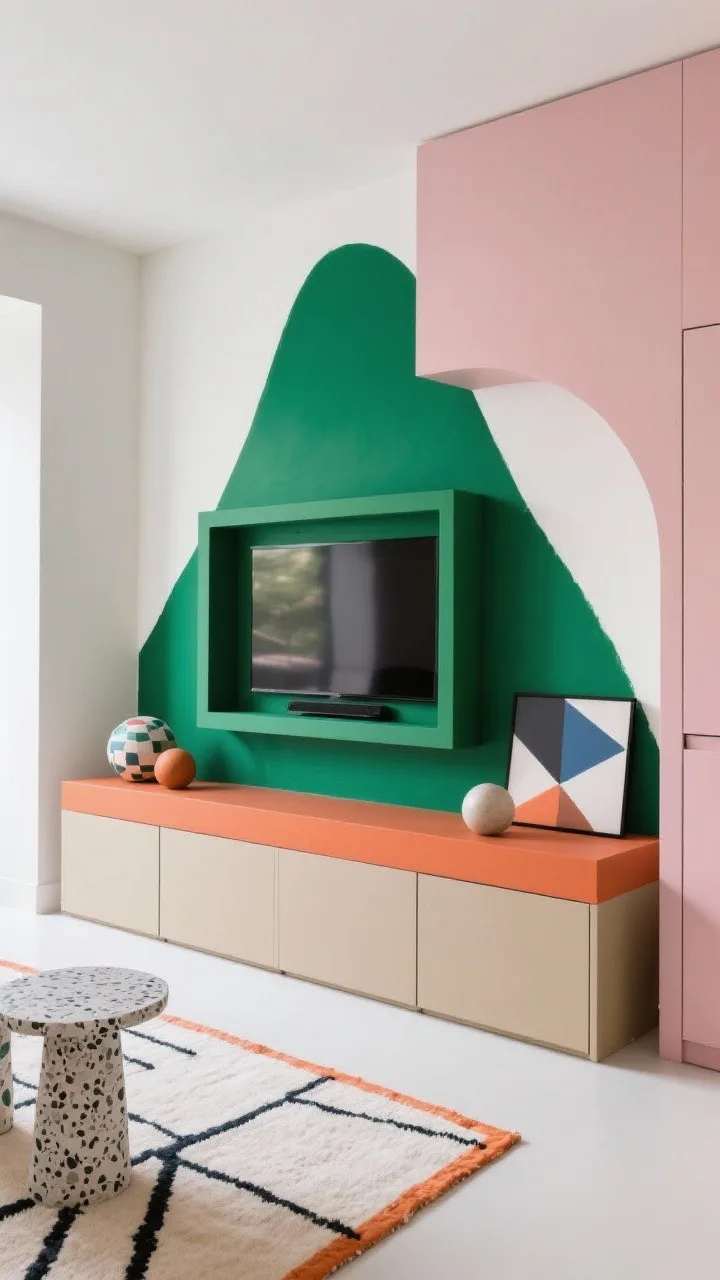 Medium-wide, dynamic angle: A color-blocked modernist media wall with architectural paint shapes&mdash;moss green rectangle framing the TV zone, a terracotta horizontal band grounding the console area, and a pale pink arc climbing the corner. Handleless matte latte cabinets below. Playful decor: ceramic spheres, geometric prints, terrazzo side table. Low-pile rug with graphic lines ties the palette together. Crisp edges from precise painter&rsquo;s tape work, bright natural light.