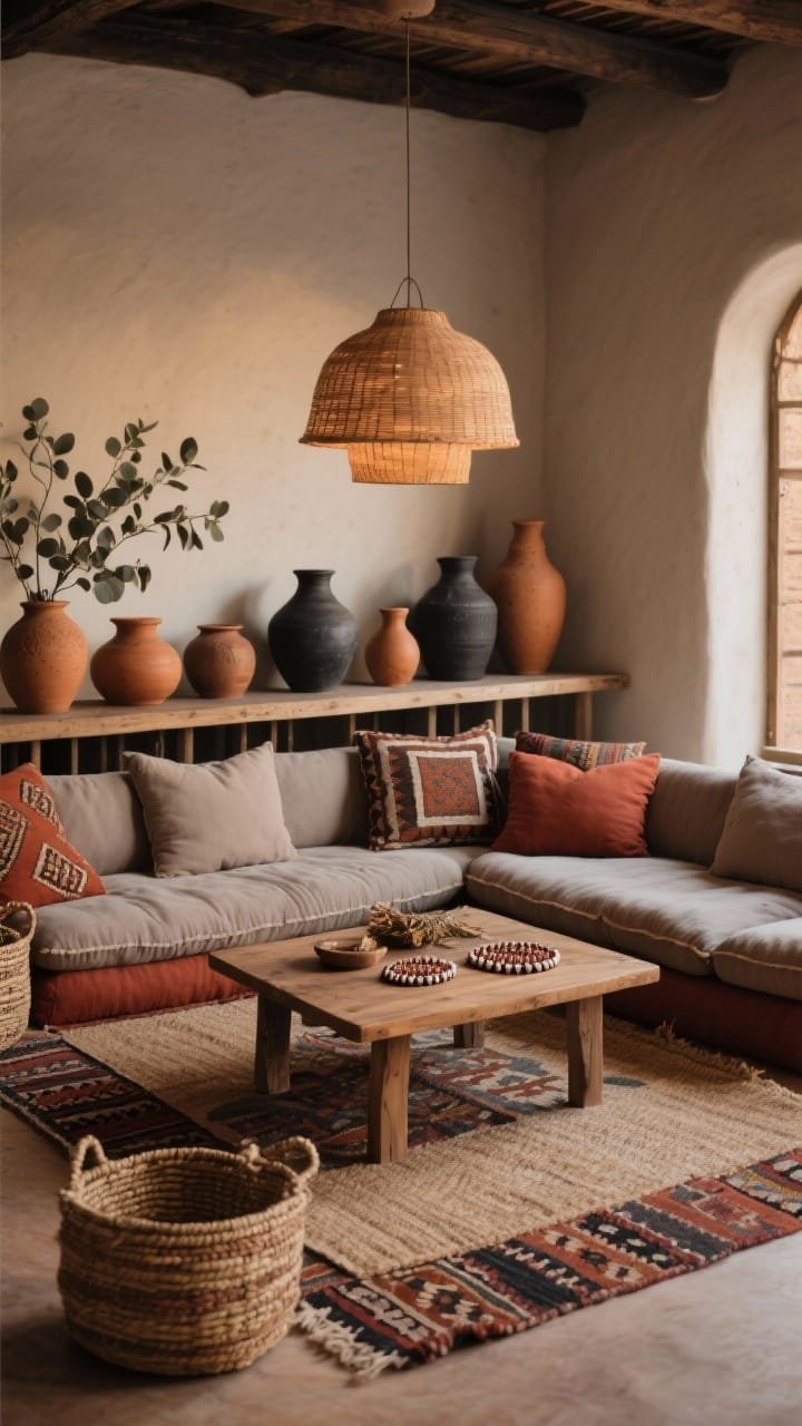 Medium-wide, low vantage shot: Desert market-inspired living room with double-layer floor cushions in taupe and rust arranged around a low cedar table. Bolster pillows create a loungey perimeter. A long console behind displays oversized earthenware vessels in cognac and charcoal. Layered rugs&mdash;patterned kilim atop sisal&mdash;add depth. Overhead, a reeded clay pendant casts a mellow, warm glow. Details: hand-braided baskets, dried eucalyptus, beaded coasters. Palette: taupe, rust, cognac, charcoal. Evening ambient light.