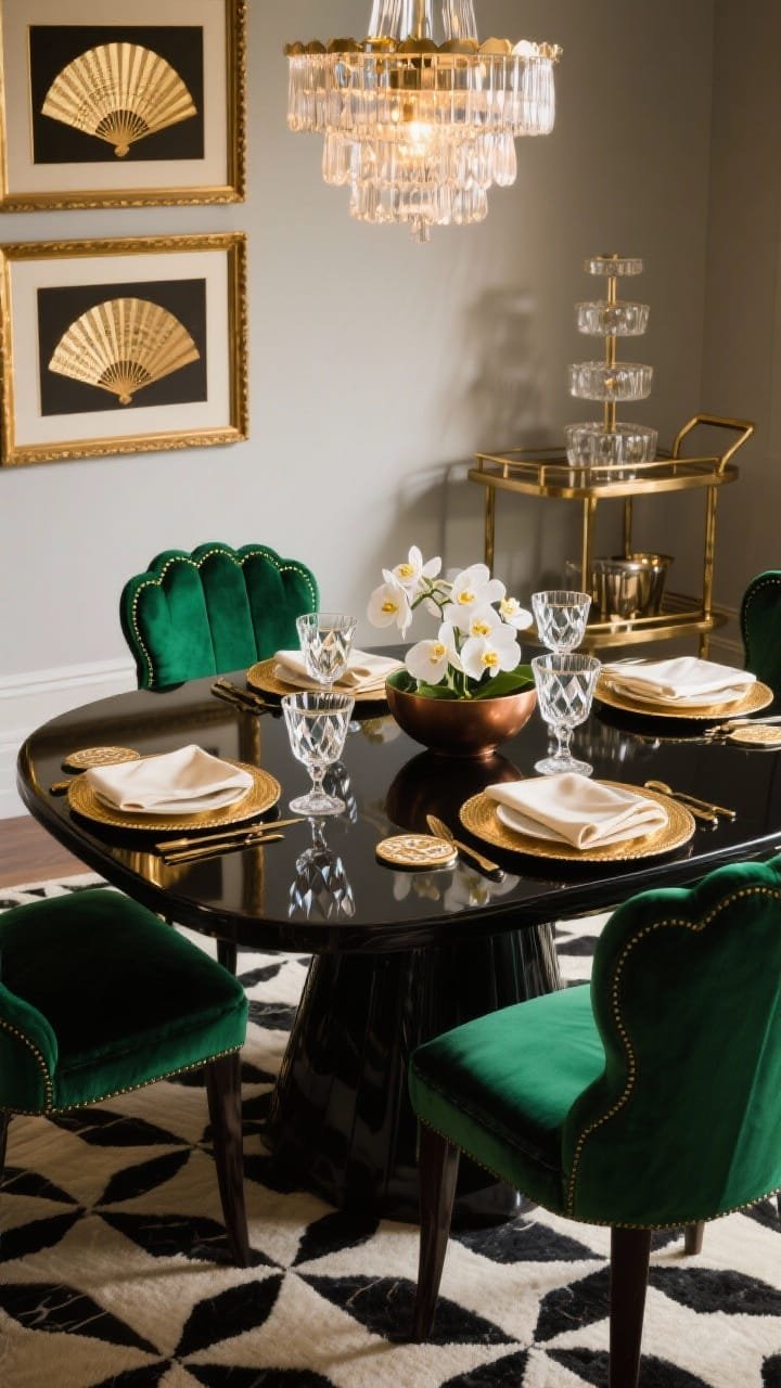 Medium-wide shot &mdash; Art Deco revival dining scene with a high-gloss ebony table reflecting light, emerald velvet chairs with scalloped backs, and a cream-and-black geometric rug. Center focus on geometric cut crystal goblets with stepped stems and prismatic faces throwing diamond-shaped light across the tabletop. Layered styling: gilded rim chargers, silk napkins, deco coasters, and a low bronze bowl of white orchids. Background shows brass-framed fan-motif prints, a brushed brass bar cart, and a tiered glass chandelier casting a warm glow. Palette: emerald, onyx, champagne gold. Evening ambience, slightly elevated angle, photorealistic.