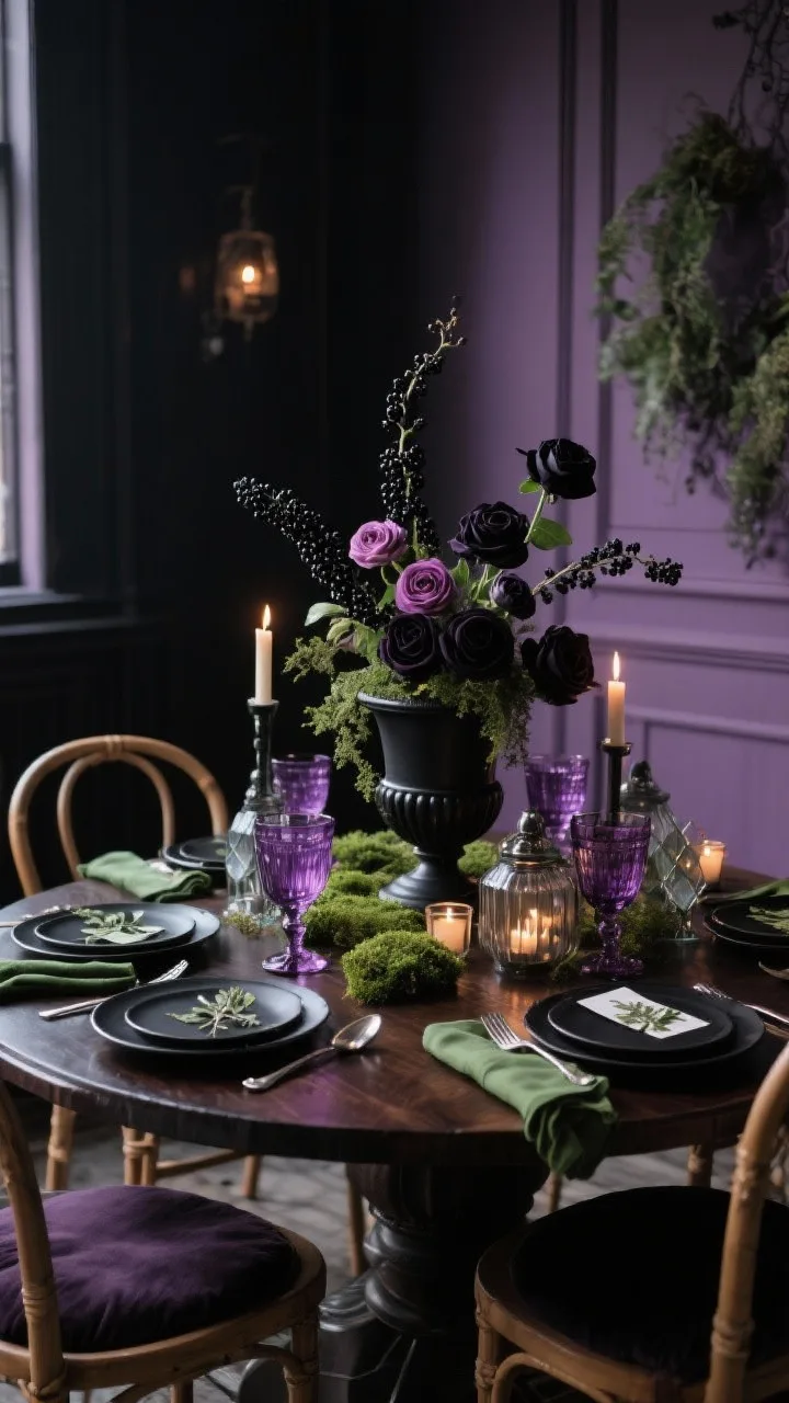 Medium-wide shot from a side angle: A romantic, shadowy dining room with soft black walls carrying purple undertones, a round dark walnut table, and cane-back chairs with inky cushions. On the table: deep plum stemware with slightly translucent amethyst glow, black ceramic plates, antique silver flatware, and mossy green napkins. Floral centerpiece is an overgrown black urn filled with blackberry branches, ranunculus, and dark roses. Candlelight from smoked glass hurricanes and scattered votives adds layered shimmer. Whimsical detail: pressed botanical place cards under thin glass tiles at each setting. Photorealistic, gothic garden ambiance.